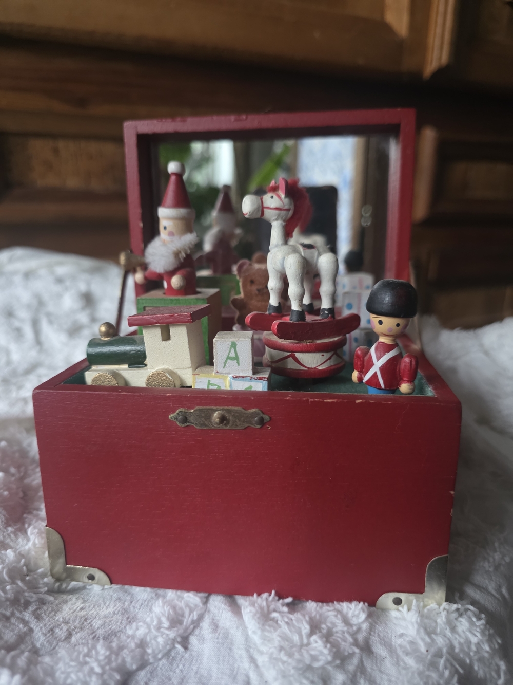 Christmas Santa Vintage Red Wooden Music Box with Toy Figurines
